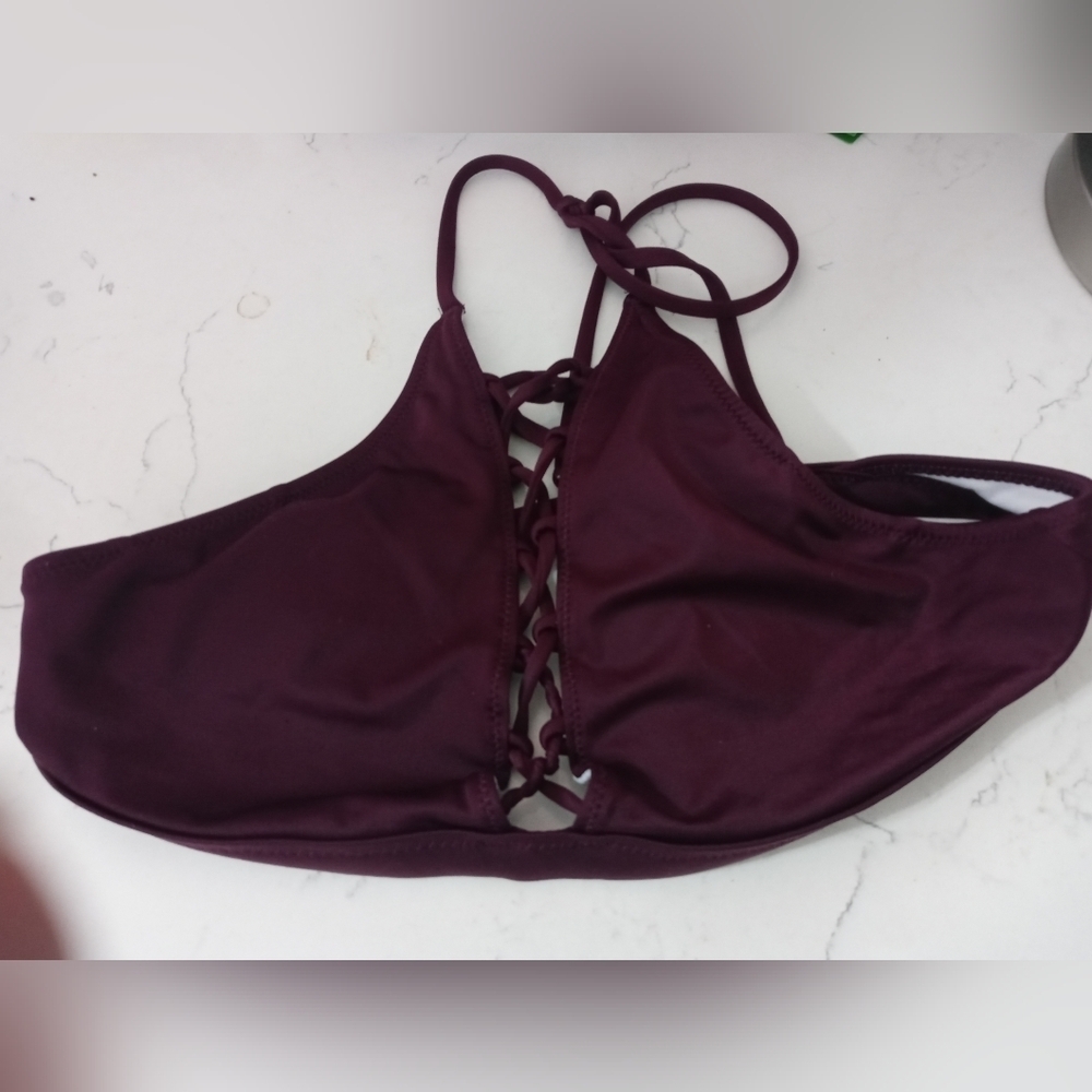 Victoria's Secret Burgundy Padded Bikini Top Lace Up Middle